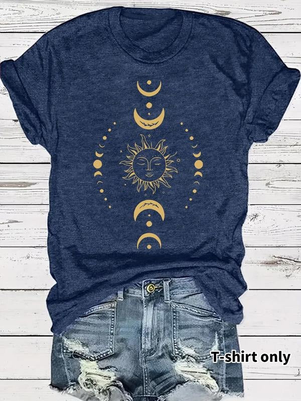 Women's Moon & Sun Print Round Neck Tee, Casual Short Sleeve Crew Neck T-shirt for Summer, Fashion Women's Top for Daily...