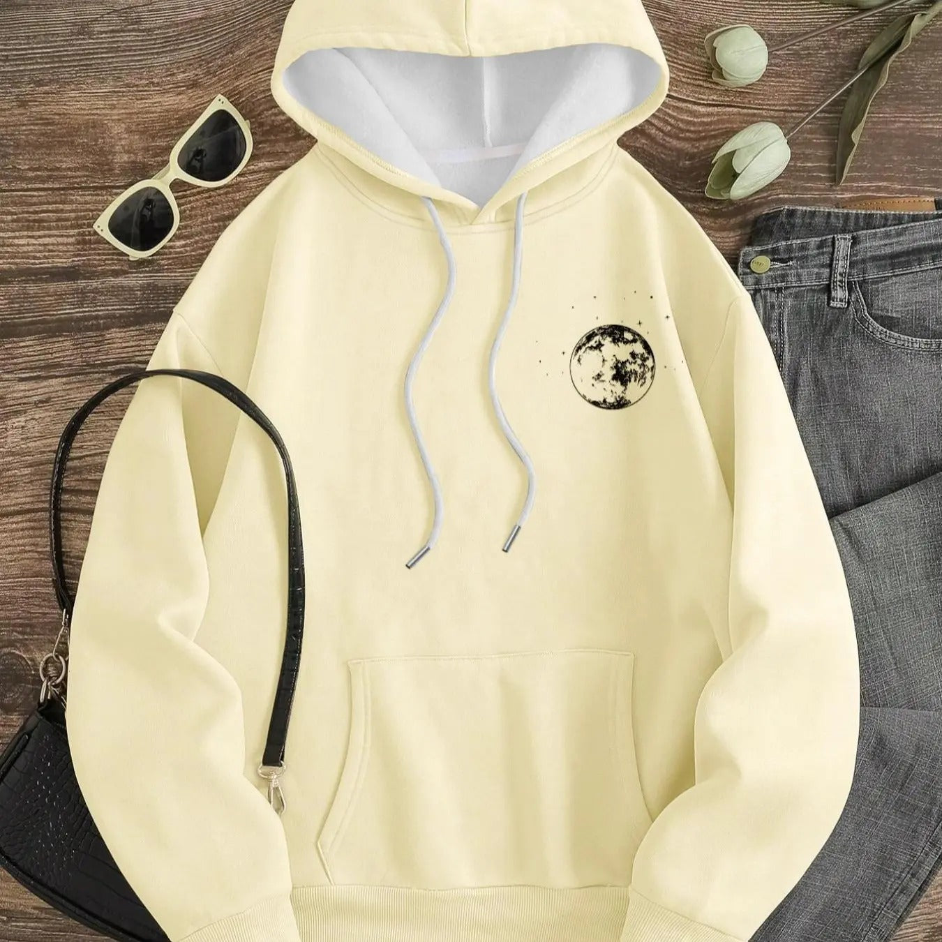 Women's Moon Print Drop Shoulder Hoodie, Fashion Casual Drawstring Pocket Hooded Sweatshirt for Daily Holiday Outdoor...