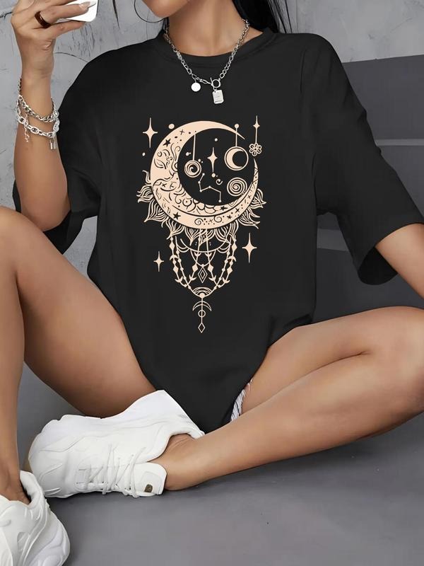 Women's Moon Print Round Neck Tee, Trendy Casual Drop Shoulder Half Sleeve T-shirt for Daily Wear, Ladies Summer Outfit...