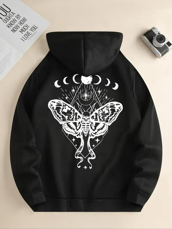 Women's Moth & Skull Print Drawstring Pocket Hoodie, Casual Long Sleeve Hooded Sweatshirt for Fall & Winter, Women's...