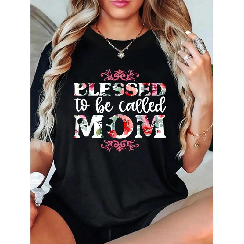 Women's Mother's Day T-Shirt - Blessed to Be Called MOM Floral Print Casual Short Sleeve Round Neck Tee