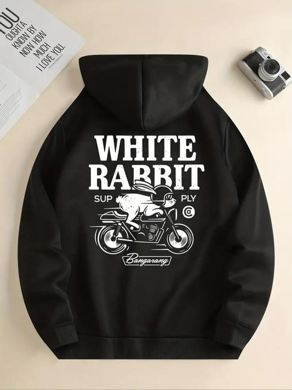 Women's Motorcycle & Letter Print Drop Shoulder Hoodie, Fashion Casual Drawstring Pocket Hooded Sweatshirt for Daily...