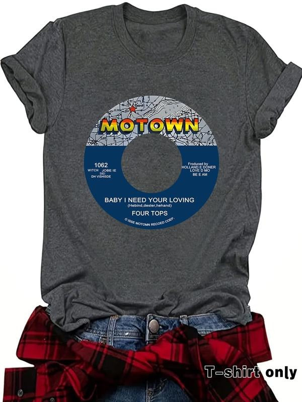 Women's Motown Record Print Round Neck Tee, Casual Short Sleeve Crew Neck T-Shirt for Summer, Fashion Women's Top for...