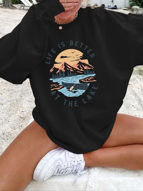 Women's Mountain & Lake Print Round Neck Pullover, Casual Long Sleeve Crew Neck Sweatshirt for Daily Wear, Ladies Clothes...