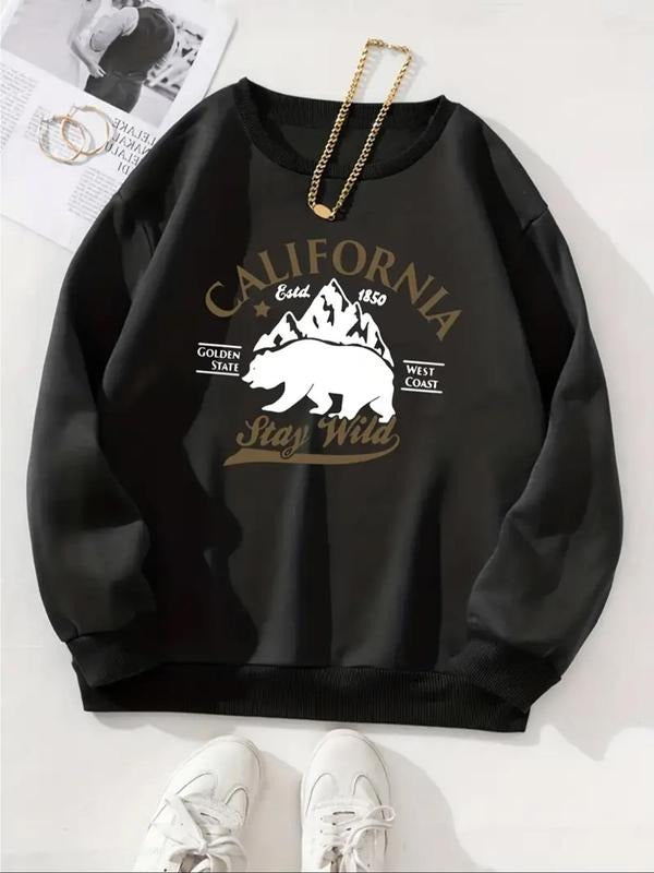 Women's Mountain & Letter & Bear Print Drop Shoulder Sweatshirt, Casual Long Sleeve Round Neck Pullover for Fall &...
