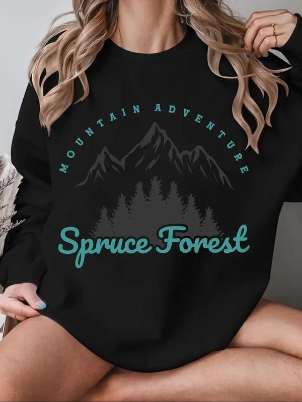 Women's Mountain & Letter Print Round Neck Pullover, 1 Count Casual Long Sleeve Crew Neck Sweatshirt for Fall & Winter,...