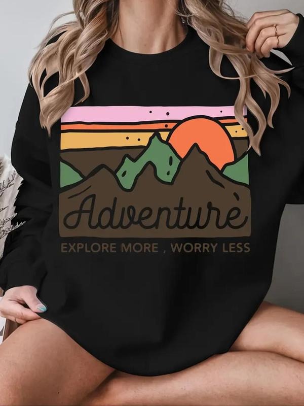 Women's Mountain & Sunset Print Round Neck Pullover, 1 Count Casual Long Sleeve Crew Neck Sweatshirt for Fall & Winter,...