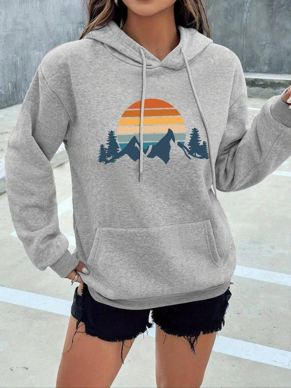 Women's Mountain Graphic Print Drawstring Pocket Hoodie, Casual Drop Shoulder Long Sleeve Hooded Sweatshirt, Ladies Fall...