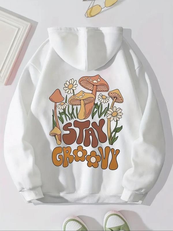 Women's Mushroom & Floral & Letter Print Drop Shoulder Hoodie, Fashion Casual Drawstring Pocket Hooded Sweatshirt for...