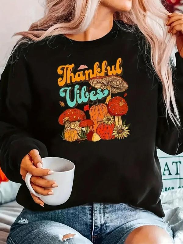 Women's Mushroom & Letter Print Drop Shoulder Sweatshirt, Casual Long Sleeve Round Neck Pullover for Fall & Winter,...