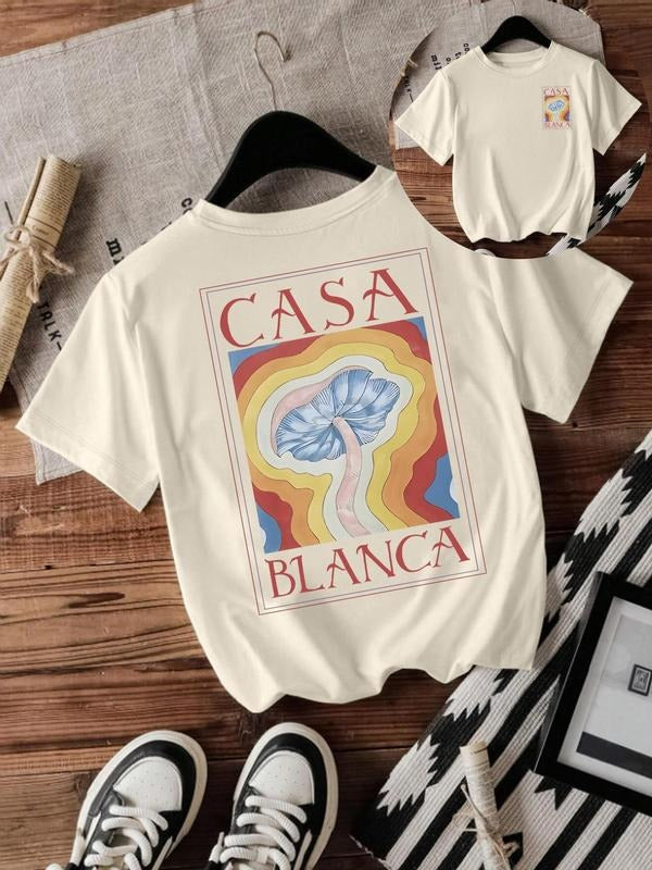 Women's Mushroom & Letter Print Round Neck Graphic Tee, Vintage Trendy Casual Short Sleeve T-shirt for Daily Wear, Ladies...