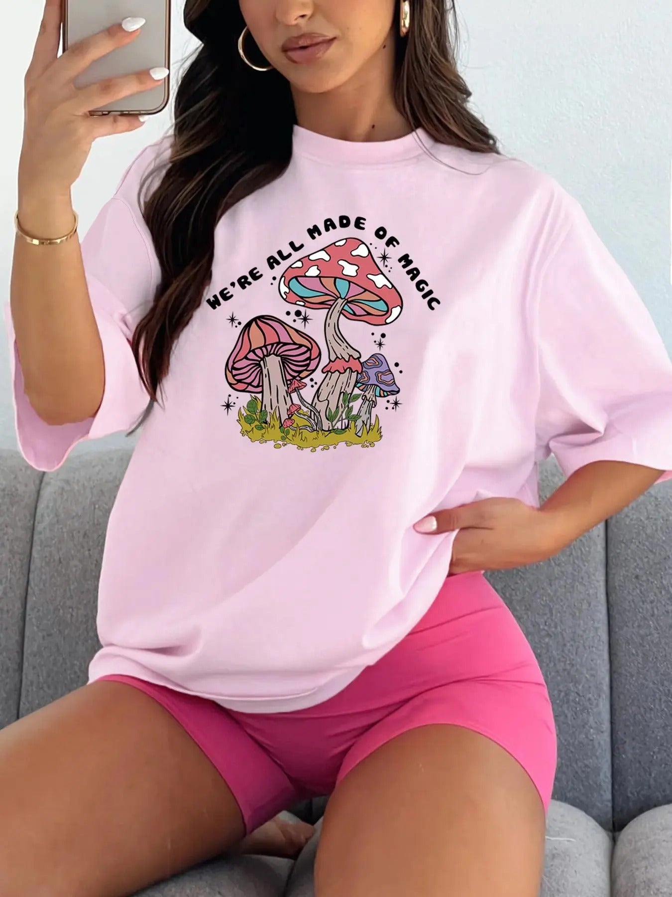 Women's Mushroom & Letter Print Round Neck Tee, Trendy Casual Drop Shoulder Half Sleeve T-shirt for Daily Wear, Ladies...