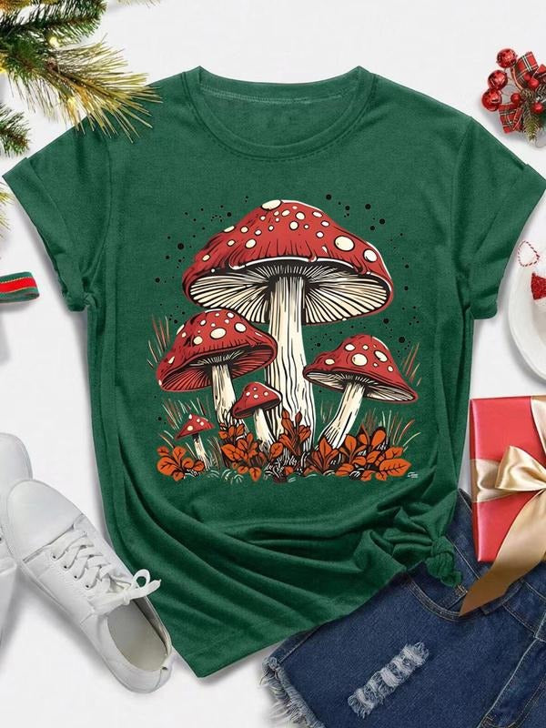 Women's Mushroom Print Round Neck Tee, Casual Short Sleeve Crew Neck T-shirt for Daily Wear, Ladies Clothes for All...