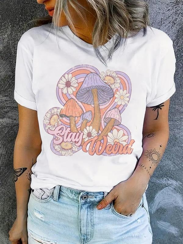 Women's Mushroom Print Round Neck Tee, Trendy Casual Letter & Floral Print Drop Shoulder Half Sleeve T-shirt for Daily...