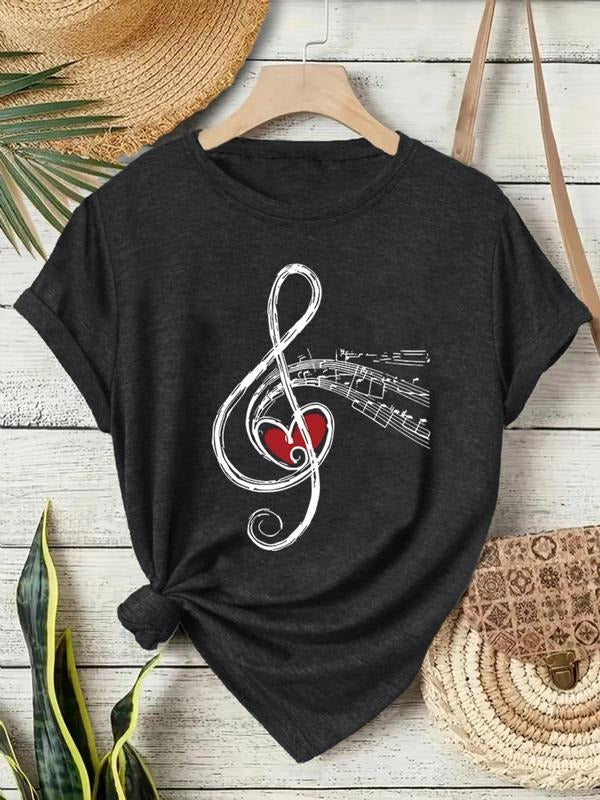 Women's Music Note & Heart Print Round Neck Tee, Casual Short Sleeve Crew Neck T-Shirt for Summer, Fashion Women's Top...