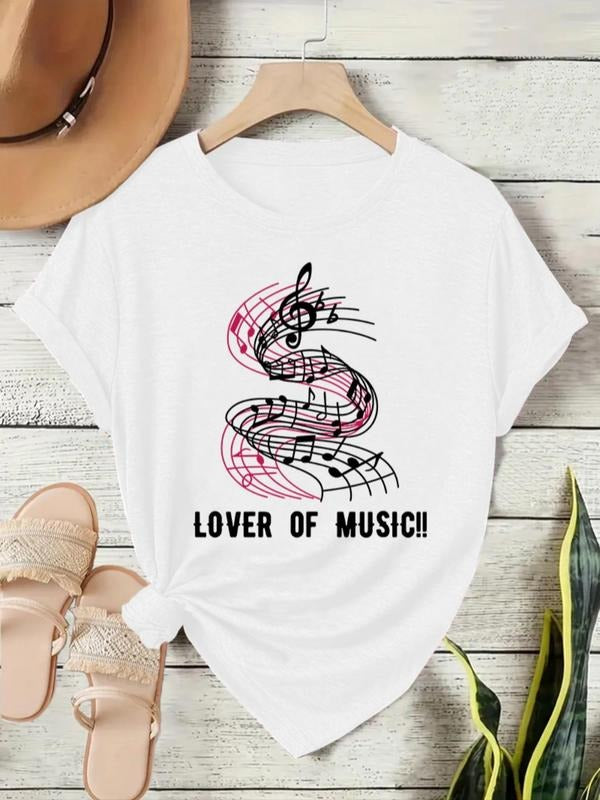 Women's Music Note Print Round Neck Tee, Casual Short Sleeve Crew Neck T-Shirt for Summer, Fashion Women's Top for Daily...