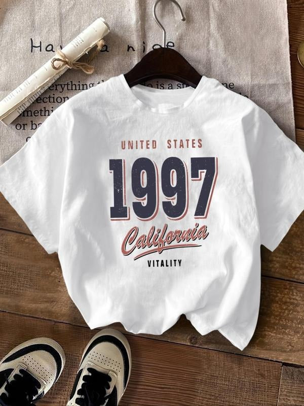 Women's Number & Letter Print Round Neck Graphic Tee, Vintage Trendy Casual Short Sleeve T-shirt for Daily Wear, Ladies...