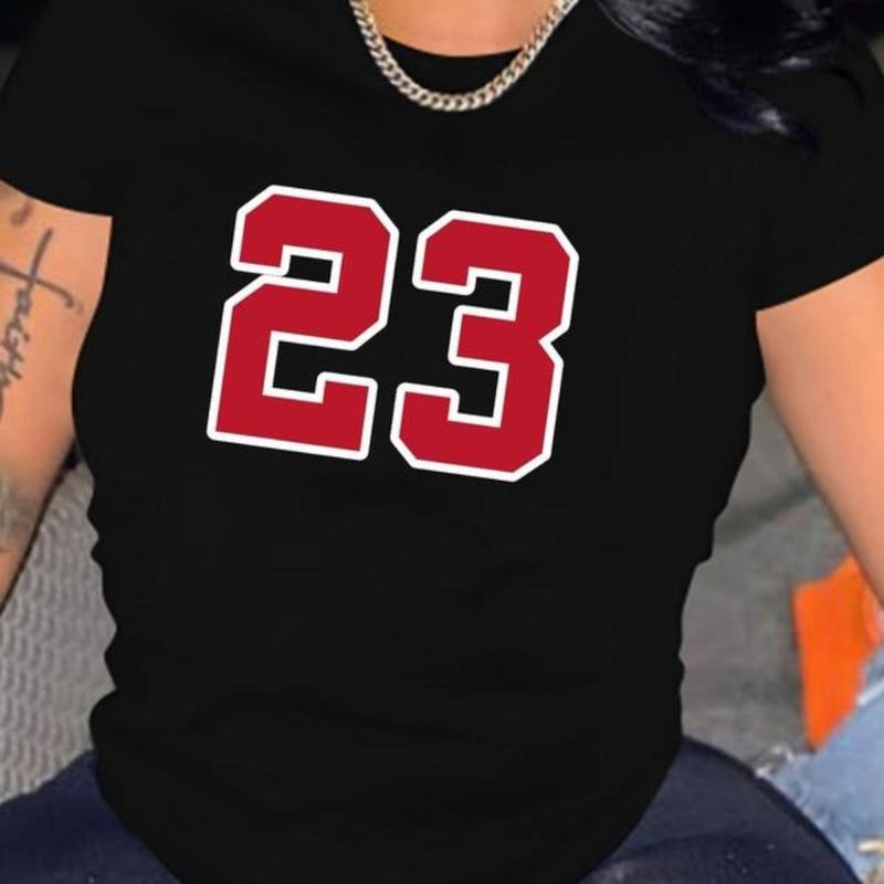 Women's Number "23" Print Short Sleeve Round Neck Tee, Causal Preppy Summer T-shirt Top for Daily Wear, Women Teen...
