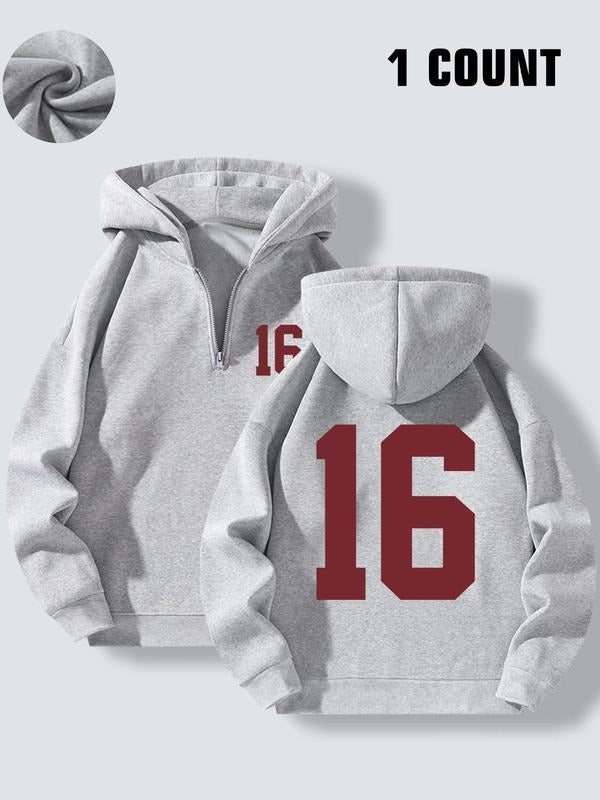 Women's Number 16 Print Drop Shoulder Half Zip Hoodie, Fashion Casual Long Sleeve Hooded Sweatshirt for Daily Holiday...
