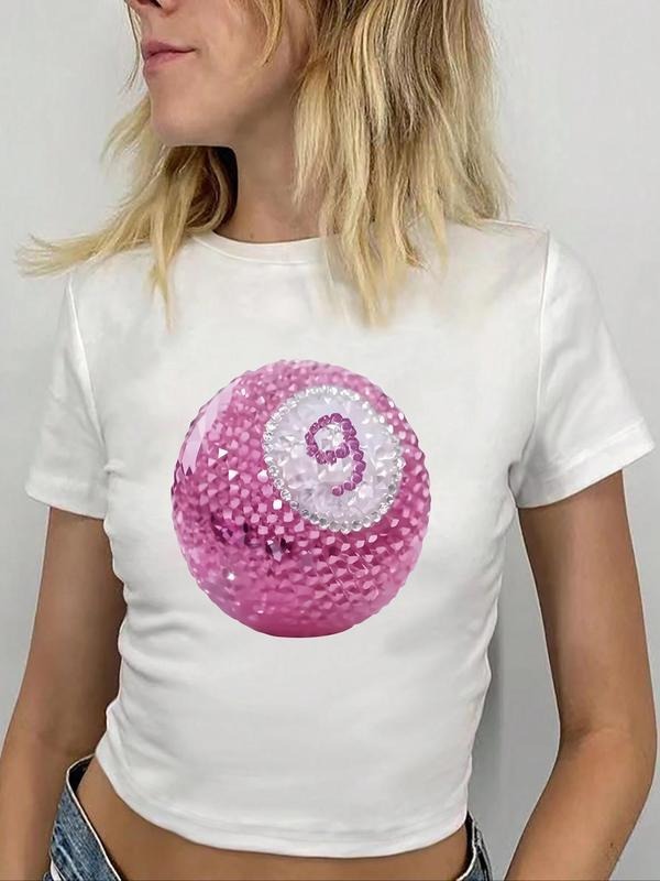 Women's Number 9 Ball Print Short Sleeve Tee, Casual Round Neck Graphic T-shirt for Summer, Ladies Clothes for Daily Wear...