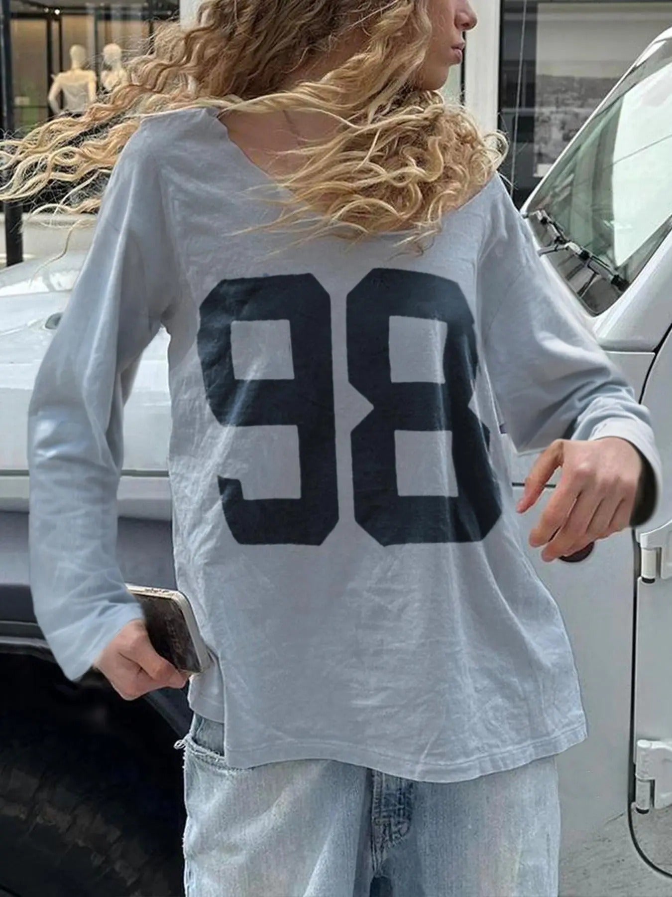 Women's Number Print Scoop Neck Tee, Casual Trendy Long Sleeve T-shirt for Fall, Women's Top for Daily Wear Hoodie,...