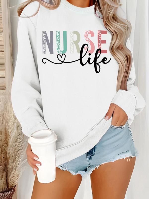 Women's Nurse Life Print Crew Neck Sweatshirt, Casual Long Sleeve Pullover for Fall & Winter, Women's Clothes for Daily...