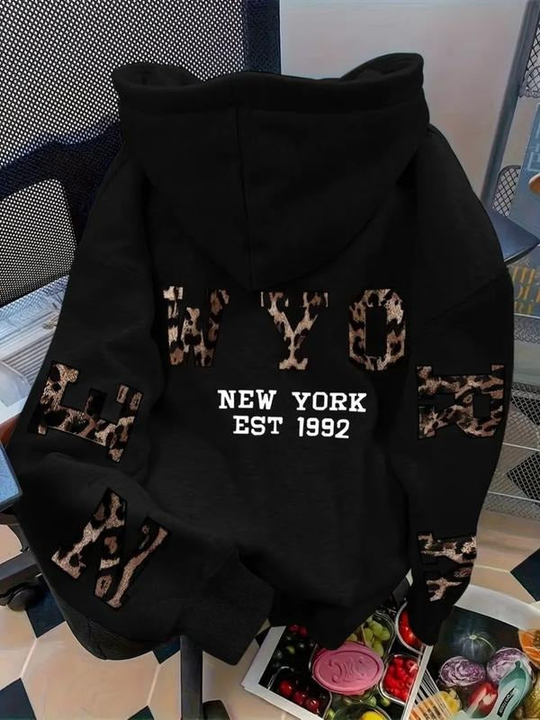 Women's Ny Graphic Print Hoodie, Cozy Casual Hooded Sweatshirt with Drawstring, Loose-Fit Korean Style, Perfect for Fall...