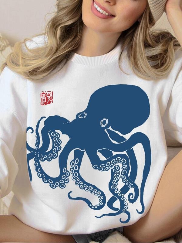 Women's Octopus Print Round Neck Sweatshirt, Casual Long Sleeve Crew Neck Pullover for Fall & Winter, Fashion Women's Top...