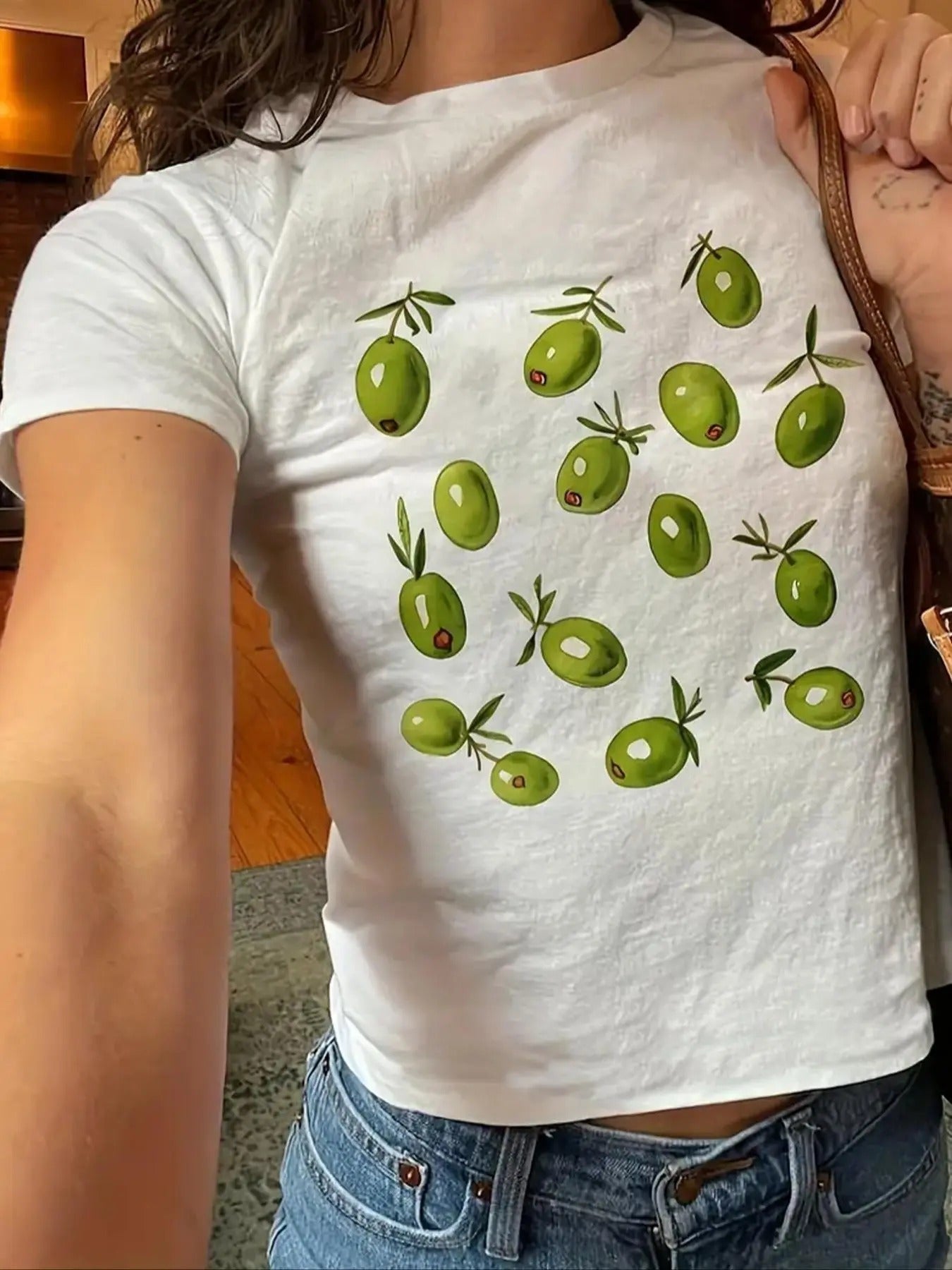Women's Olive Print Round Neck Crop Tee, Fashion Casual Crew Neck T-shirt for Daily Holiday Vacation Outdoor Wear, Ladies...