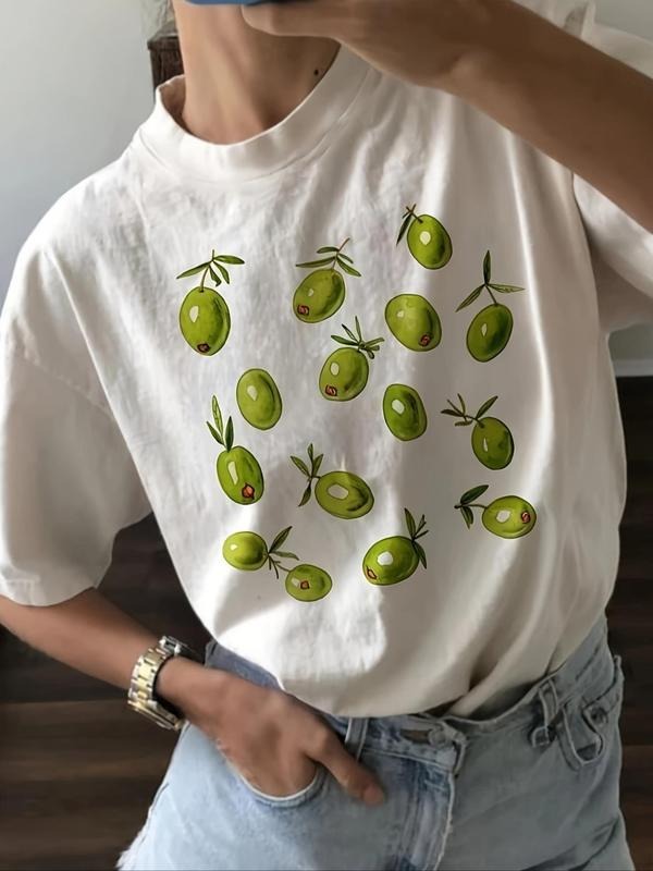 Women's Olive Print Round Neck Tee, Casual Drop Shoulder Half Sleeve T-shirt for Summer, Ladies Clothes for Daily Wear...