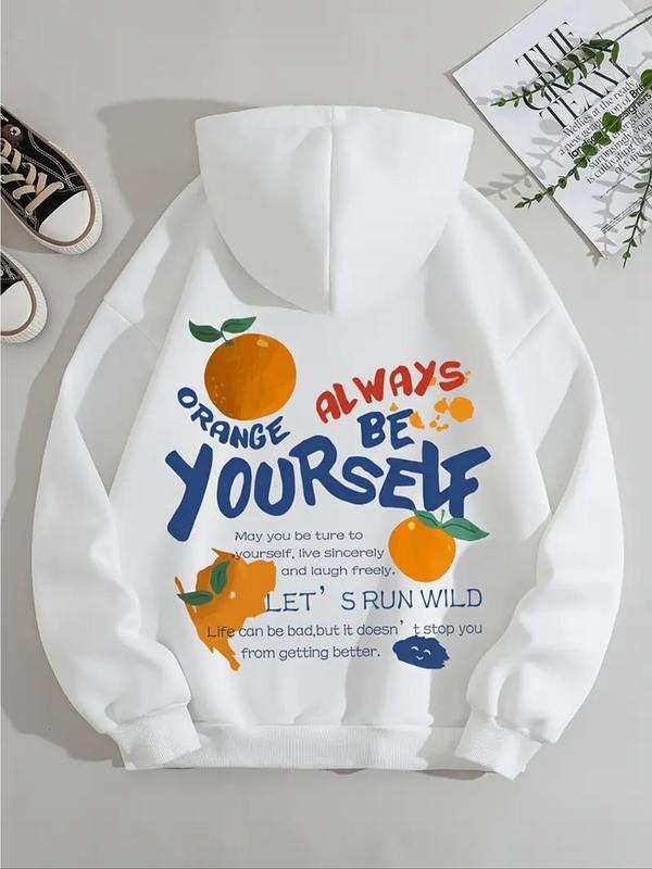 Women's Orange Letter Print Drawstring Pocket Hoodie, Casual Long Sleeve Hooded Sweatshirt For Fall & Winter, Women's...