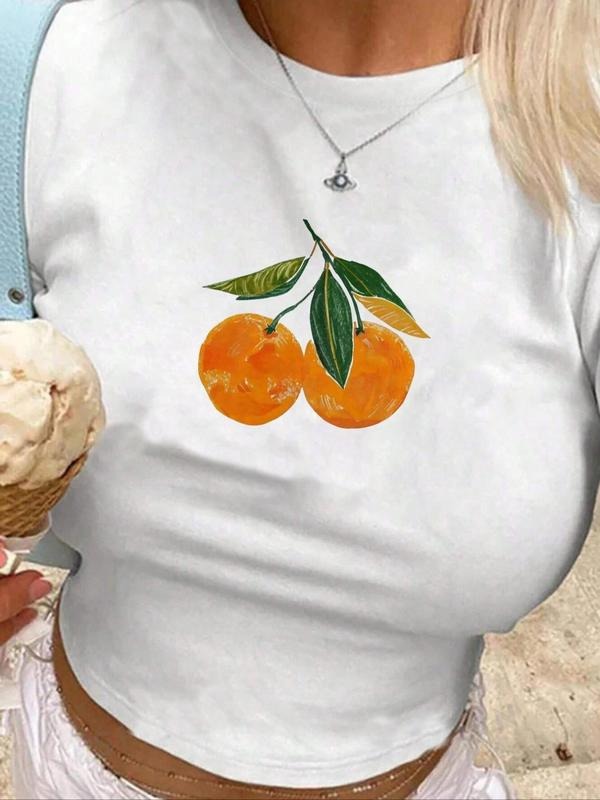Women's Orange Print Round Neck Tee, Casual Short Sleeve Crew Neck T-Shirt, Women's Top for Daily Wear Hoodie, Sweatshirt