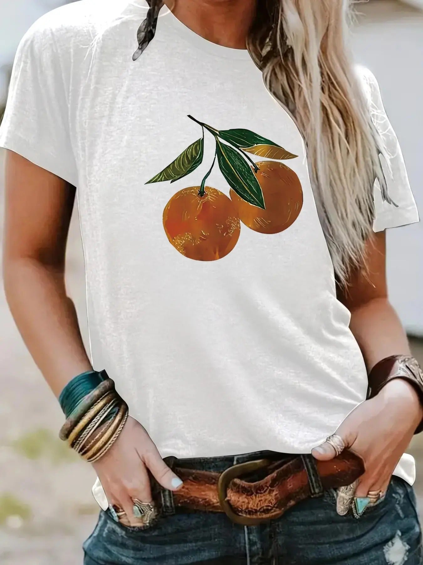 Women's Orange Print Round Neck Tee, Casual Short Sleeve Crew Neck T-shirt for Summer, Fashion Women's Top for Daily Wear...