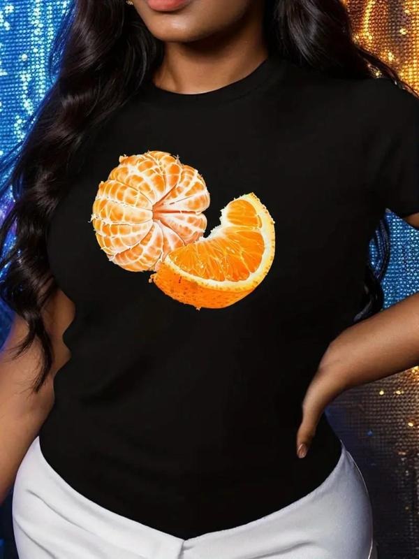 Women's Orange Slice Print Round Neck Tee, Casual Short Sleeve Crew Neck T-Shirt for Summer, Fashion Women's Top for...