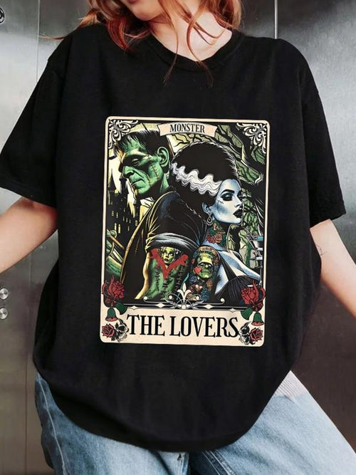 Women's Oversized "The Lovers" Monster Tarot Graphic Tee - Black Gothic Frankenstein & Bride T-Shirt Hoodie, Sweatshirt
