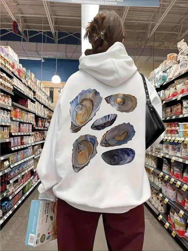 Women's Oyster Print Drop Shoulder Hoodie, Fashion Casual Drawstring Pocket Hooded Sweatshirt for Daily Holiday Outdoor...