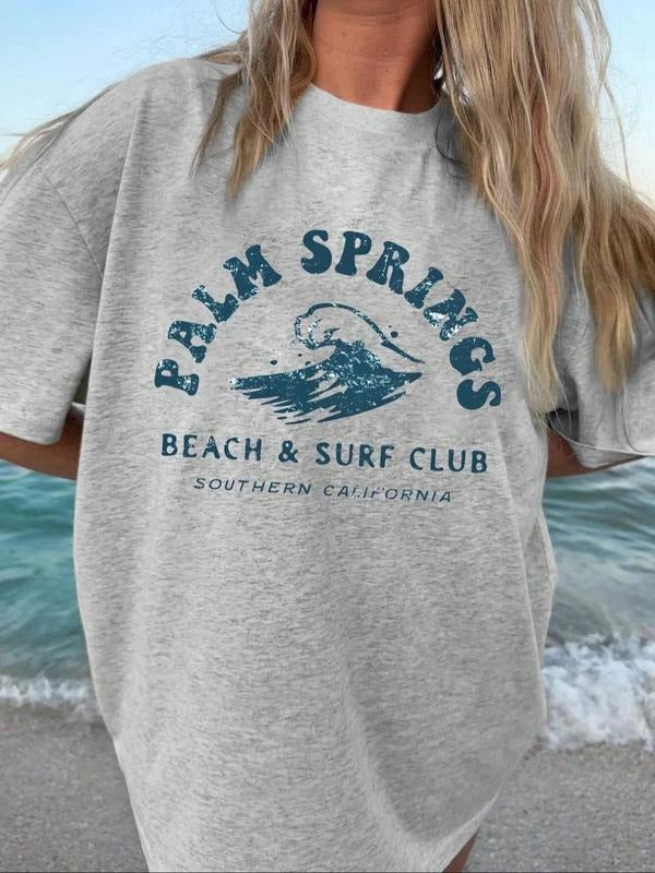 Women's Palm Springs Beach & Surf Club Graphic Round Neck Tee, Vintage Trendy Casual Short Sleeve T-shirt for Daily Wear,...