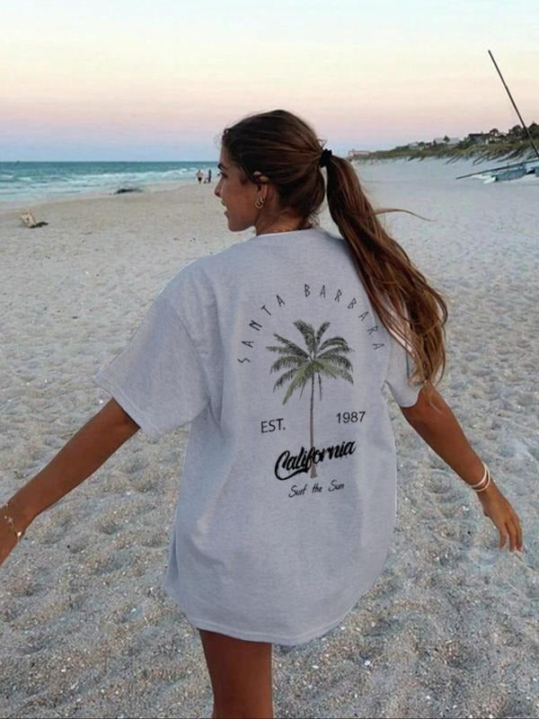 Women's Palm Tree & California Print Round Neck Graphic Tee, Vintage Trendy Casual Short Sleeve T-shirt for Daily Wear,...