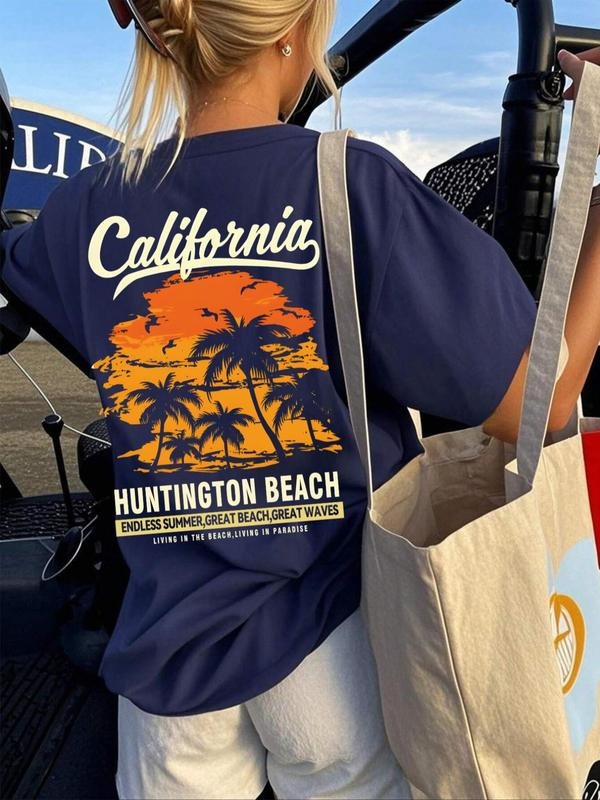 Women's Palm Tree & California Print Round Neck Graphic Tee, Vintage Trendy Casual Short Sleeve T-shirt for Daily Wear,...