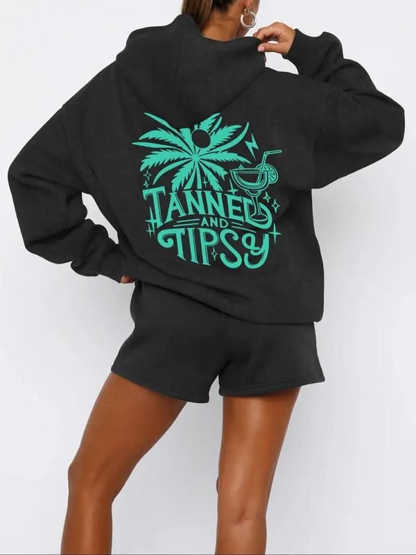Women's Palm Tree & Letter Print Drop Shoulder Hoodie, Fashion Casual Drawstring Pocket Hooded Sweatshirt for Daily...