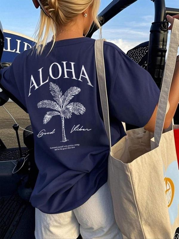 Women's Palm Tree & Slogan Print Round Neck Tee, Casual Short Sleeve Crew Neck T-Shirt for Summer, Fashion Women's Top...
