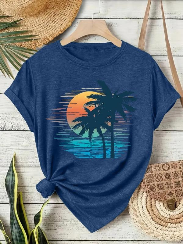 Women's Palm Tree & Sunset Print Round Neck Tee, Casual Short Sleeve Crew Neck T-shirt for Summer, Fashion Women's Top...