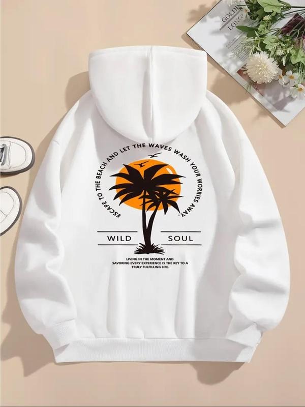 Women's Palm Tree Print Drop Shoulder Drawstring Thermal Lined Hoodie, Fashion Casual Letter Print Pocket Hooded...