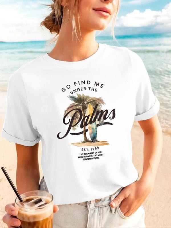 Women's Palm Tree Print Round Neck Graphic Tee, Vintage Trendy Casual Short Sleeve T-shirt for Daily Wear, Ladies All...