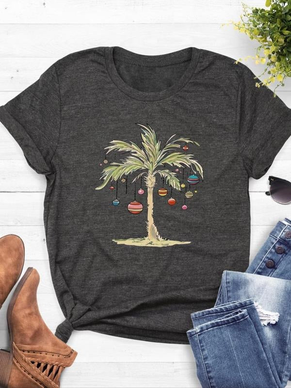 Women's Palm Tree Print Round Neck Tee, Casual Short Sleeve Crew Neck T-shirt for Daily Wear, Ladies Clothes for All...