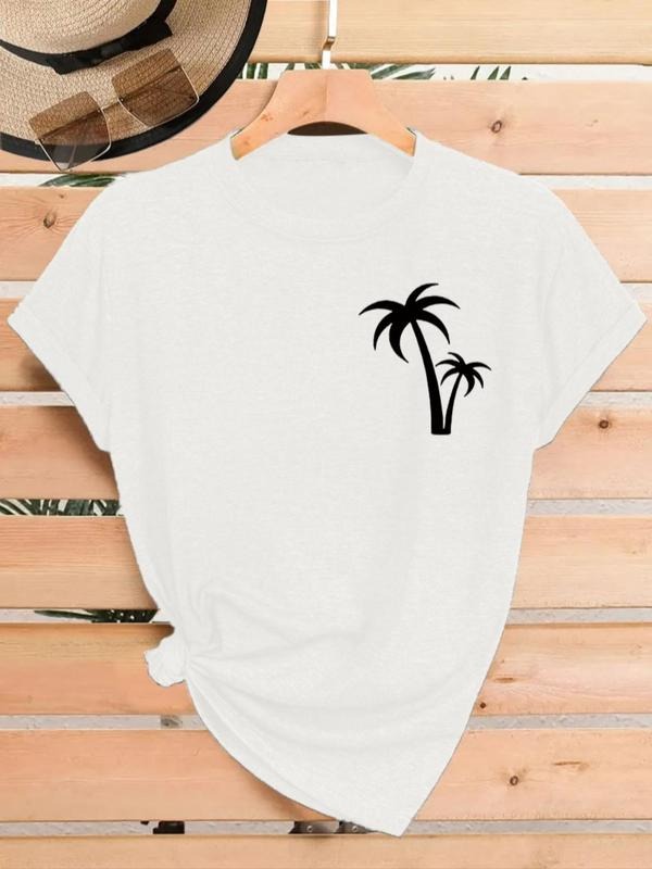 Women's Palm Tree Print Round Neck Tee, Casual Short Sleeve Crew Neck T-shirt for Summer, Fashion Women's Top for Daily...