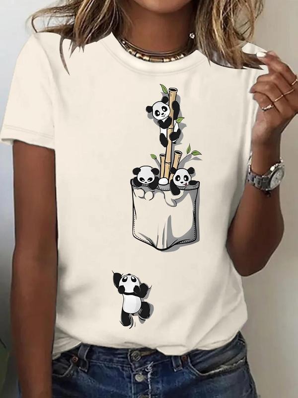 Women's Panda & Bamboo Print Round Neck Tee, Fashion Casual Crew Neck T-shirt for Daily Holiday Vacation Outdoor Wear,...