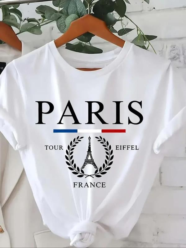Women's Paris & Letter Print Round Neck Tee, Casual Short Sleeve Crew Neck T-Shirt for Summer, Fashion Women's Top for...