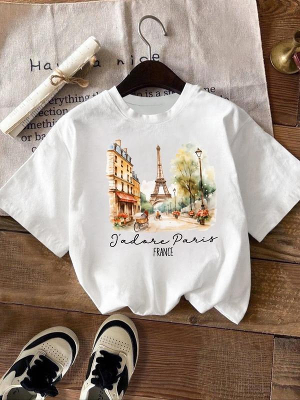 Women's Paris City Landscape & Letter Print Round Neck Graphic Tee, Vintage Trendy Casual Drop Shoulder Short Sleeve...