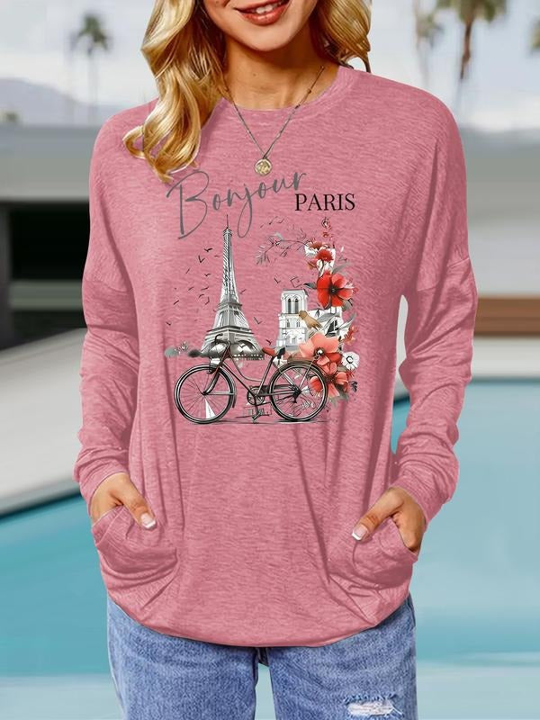 Women's Paris Landmark Print Round Neck Long Sleeve Pullover, Casual Loose Fit T-Shirt, Comfortable Breathable Spring &...